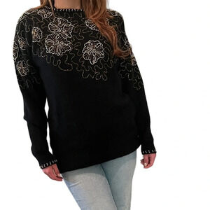 Vintage Retro Shannan black beaded embellished wool angora sweater Size Large